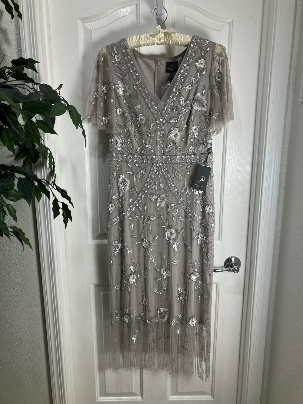 Adrianna Papell Flutter Sleeve Floral Beaded Fringe Midi Dress, 14, Taupe
